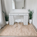 Latitude Run Large White Glass Top Vanity Desk with 13 Drawers, RGB Lights & Charging Ports, Easy 3‑Piece Assembly