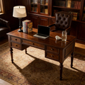 Wrought Studio Traditional Solid Rubber Wood Executive Desk, 5-Drawer Vintage Writing Desk with Turned Legs, Classic Home Office Computer Desk in Dark Walnut Finish