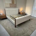 Julian Caramel Oak King Upholstered Platform Bed