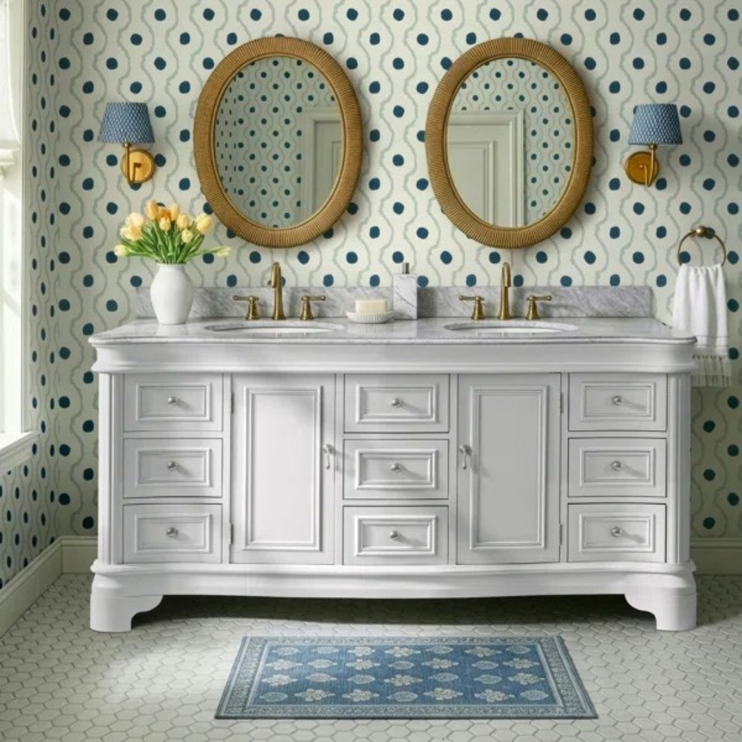 Birch Lane Twain Double Bathroom Vanity Set with White Cabinet and Carrara Marble Countertop