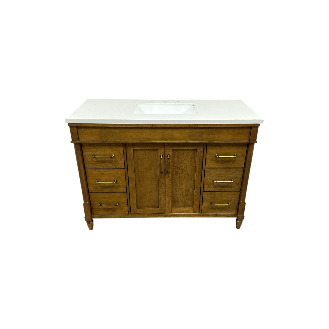 OVE Decors Salisbury Single Sink Freestanding Almond Latte Bathroom Vanity With White Engineered Marble Top