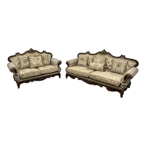 Fleur De Lis Living 2pc Set Shonta Traditional Chenille & Silk-like Fabric Sofa with Faux Crystal Tufted Design, Elegant Nailhead Trim, Cherry & Gold Finish, image 2