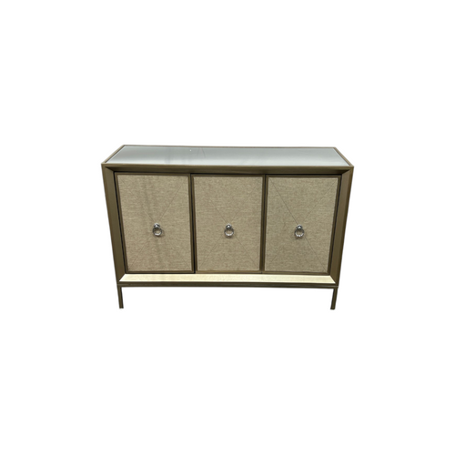 Rosdorf Park Morfa Gray Wood Upholstered Front Panel 1 Shelf & 3 Doors Cabinet w/ Mirrored Top & Ring Handles, image 2