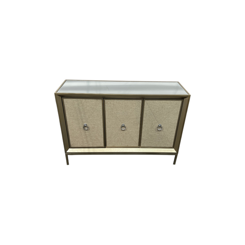 Rosdorf Park Morfa Gray Wood Upholstered Front Panel 1 Shelf & 3 Doors Cabinet w/ Mirrored Top & Ring Handles, image 3