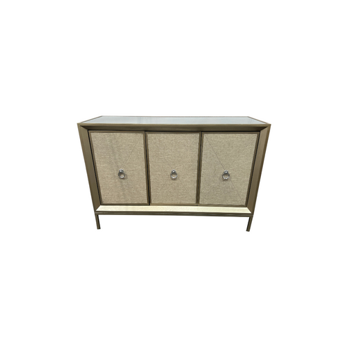 Rosdorf Park Morfa Gray Wood Upholstered Front Panel 1 Shelf & 3 Doors Cabinet w/ Mirrored Top & Ring Handles, image 4
