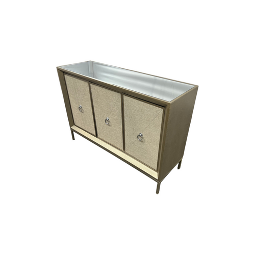 Rosdorf Park Morfa Gray Wood Upholstered Front Panel 1 Shelf & 3 Doors Cabinet w/ Mirrored Top & Ring Handles, image 5