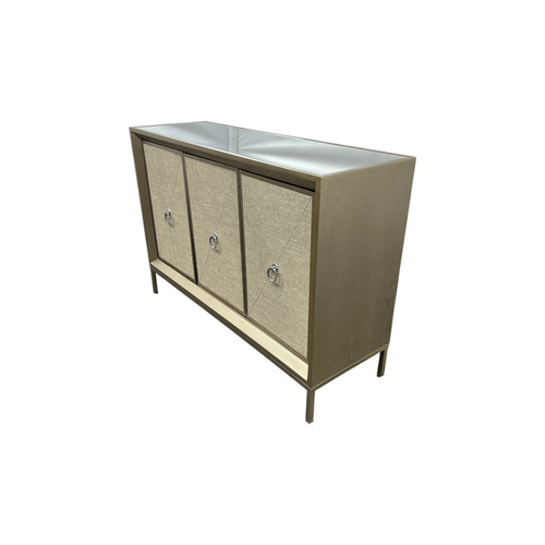 Rosdorf Park Morfa Gray Wood Upholstered Front Panel 1 Shelf & 3 Doors Cabinet w/ Mirrored Top & Ring Handles, image 6