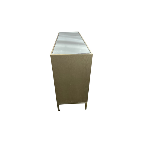 Rosdorf Park Morfa Gray Wood Upholstered Front Panel 1 Shelf & 3 Doors Cabinet w/ Mirrored Top & Ring Handles, image 7