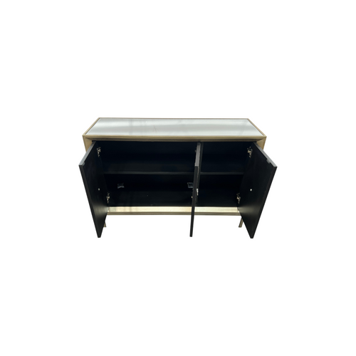 Rosdorf Park Morfa Gray Wood Upholstered Front Panel 1 Shelf & 3 Doors Cabinet w/ Mirrored Top & Ring Handles, image 9