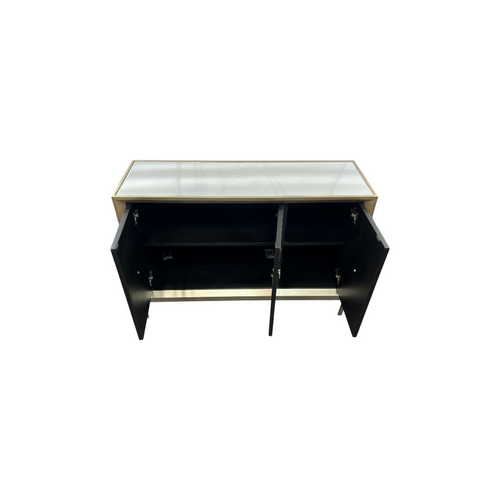 Rosdorf Park Morfa Gray Wood Upholstered Front Panel 1 Shelf & 3 Doors Cabinet w/ Mirrored Top & Ring Handles, image 10