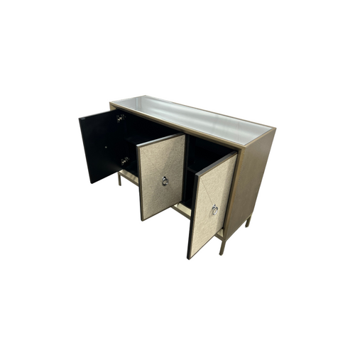 Rosdorf Park Morfa Gray Wood Upholstered Front Panel 1 Shelf & 3 Doors Cabinet w/ Mirrored Top & Ring Handles, image 11