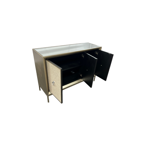 Rosdorf Park Morfa Gray Wood Upholstered Front Panel 1 Shelf & 3 Doors Cabinet w/ Mirrored Top & Ring Handles, image 12
