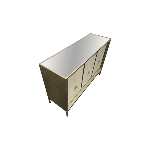 Rosdorf Park Morfa Gray Wood Upholstered Front Panel 1 Shelf & 3 Doors Cabinet w/ Mirrored Top & Ring Handles, image 13