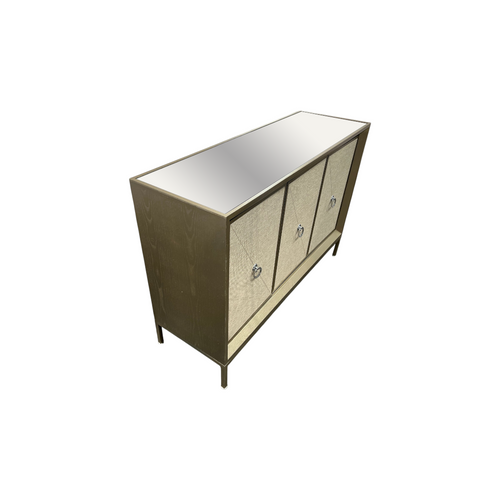 Rosdorf Park Morfa Gray Wood Upholstered Front Panel 1 Shelf & 3 Doors Cabinet w/ Mirrored Top & Ring Handles, image 14