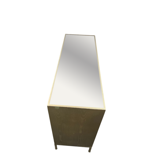 Rosdorf Park Morfa Gray Wood Upholstered Front Panel 1 Shelf & 3 Doors Cabinet w/ Mirrored Top & Ring Handles, image 15