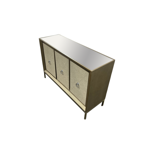 Rosdorf Park Morfa Gray Wood Upholstered Front Panel 1 Shelf & 3 Doors Cabinet w/ Mirrored Top & Ring Handles, image 24