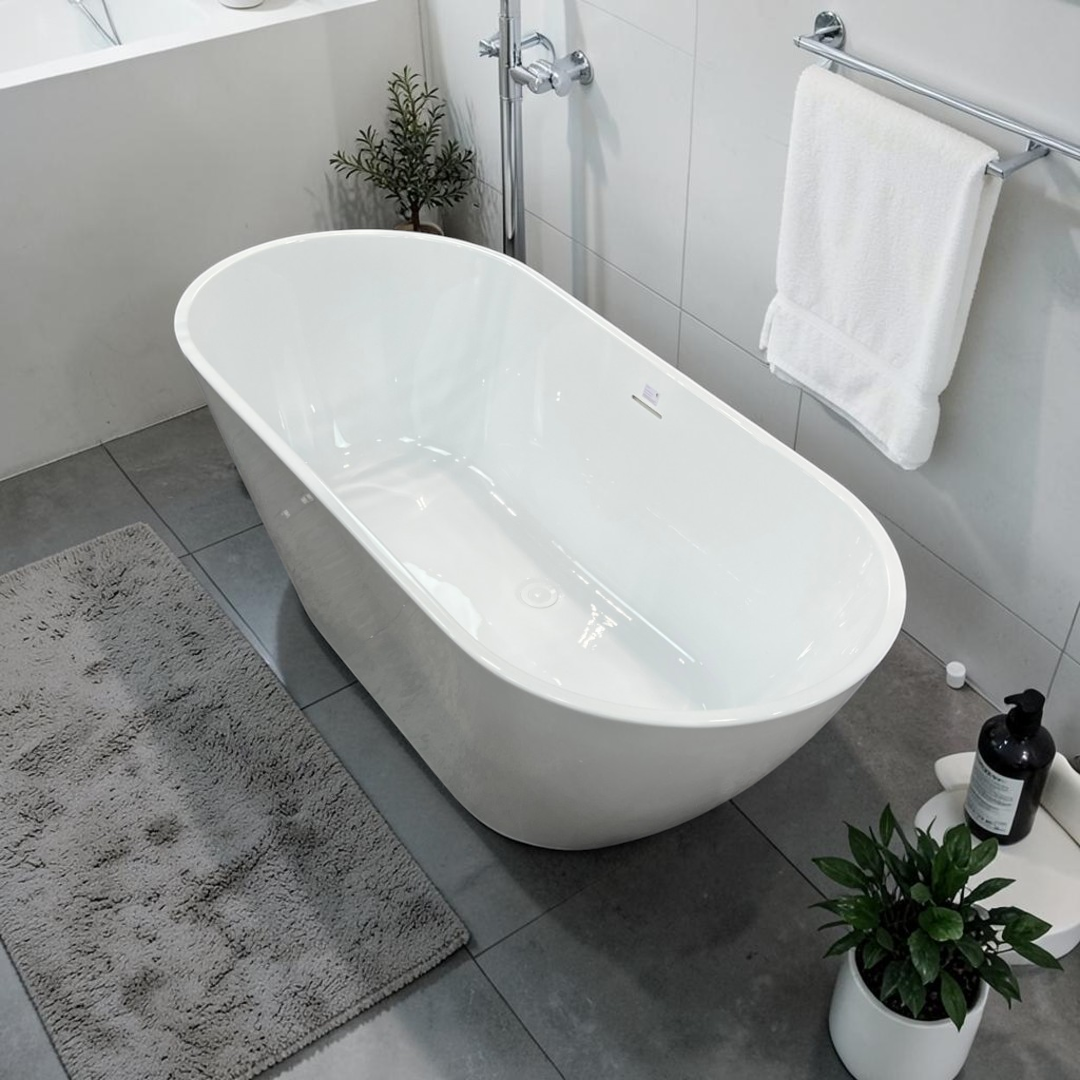 Ove Decors Ayago Solid Surface Freestanding White Acrylic Soaking Bathtub, with Overflow and Chrome Pop-up Drain