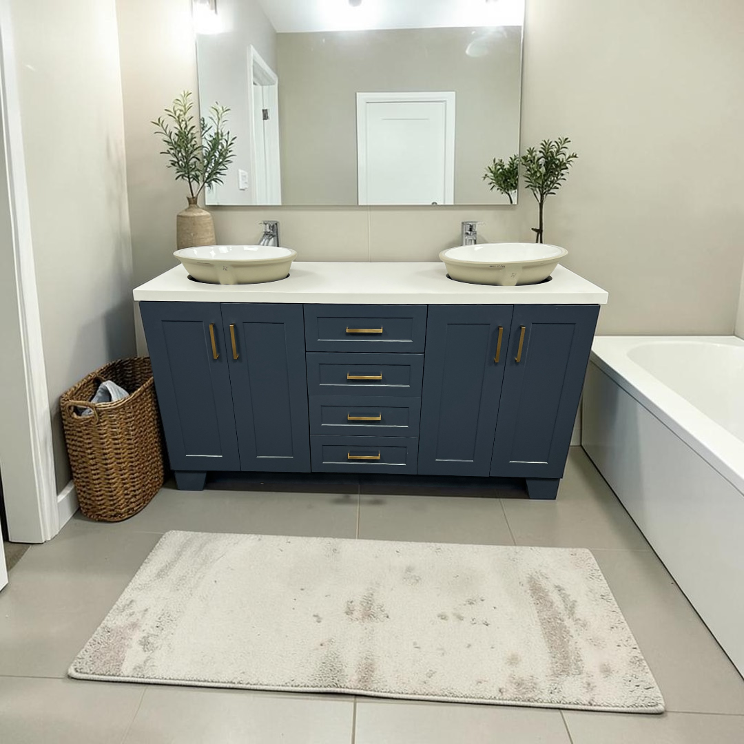 Ariel Taylor 66 Inch Double Oval Sink Bathroom Vanity With Carrara White Quartz Countertop 1.5 Edge In Midnight Blue