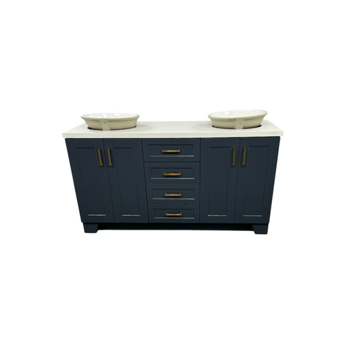 Ariel Taylor 66 Inch Double Oval Sink Bathroom Vanity With Carrara White Quartz Countertop 1.5 Edge In Midnight Blue, image 2