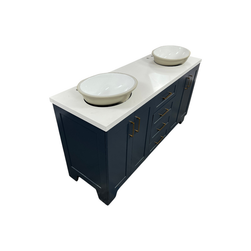 Ariel Taylor 66 Inch Double Oval Sink Bathroom Vanity With Carrara White Quartz Countertop 1.5 Edge In Midnight Blue, image 15