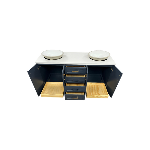 Ariel Taylor 66 Inch Double Oval Sink Bathroom Vanity With Carrara White Quartz Countertop 1.5 Edge In Midnight Blue, image 17