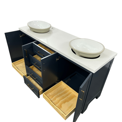 Ariel Taylor 66 Inch Double Oval Sink Bathroom Vanity With Carrara White Quartz Countertop 1.5 Edge In Midnight Blue, image 18