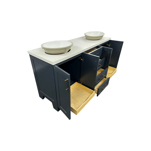 Ariel Taylor 66 Inch Double Oval Sink Bathroom Vanity With Carrara White Quartz Countertop 1.5 Edge In Midnight Blue, image 19