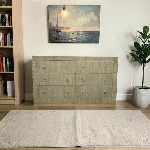 Dakota Fields Bali & Pari Sage Natural Grasscloth Dresser - 6-Drawer Bedroom Storage Cabinet With Gold Ring Pulls, Modern Coastal Chest Of Drawers