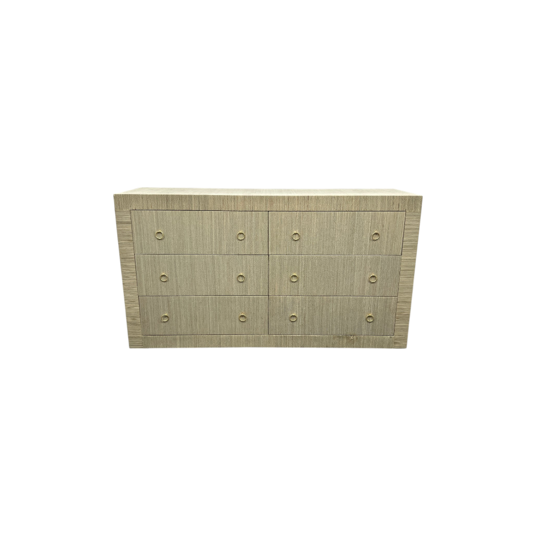 Dakota Fields Bali & Pari Sage Natural Grasscloth Dresser - 6-Drawer Bedroom Storage Cabinet With Gold Ring Pulls, Modern Coastal Chest Of Drawers