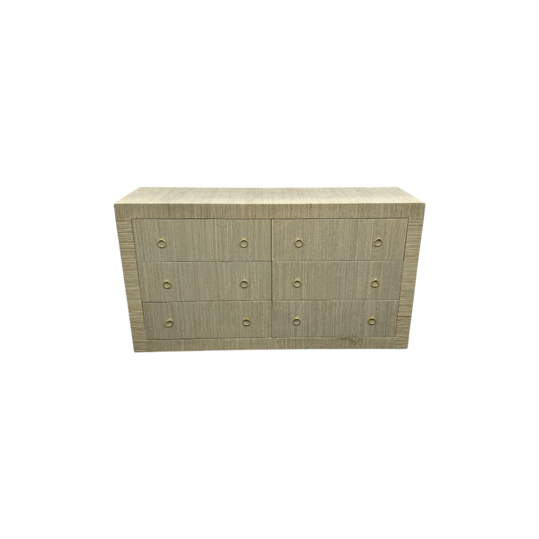 Dakota Fields Bali & Pari Sage Natural Grasscloth Dresser - 6-Drawer Bedroom Storage Cabinet With Gold Ring Pulls, Modern Coastal Chest Of Drawers