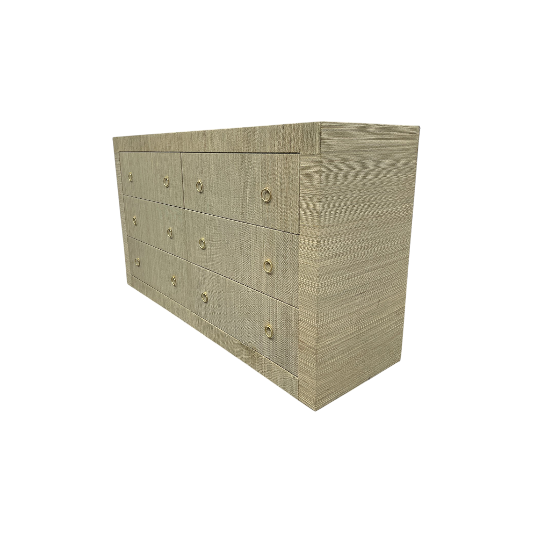Dakota Fields Bali & Pari Sage Natural Grasscloth Dresser - 6-Drawer Bedroom Storage Cabinet With Gold Ring Pulls, Modern Coastal Chest Of Drawers