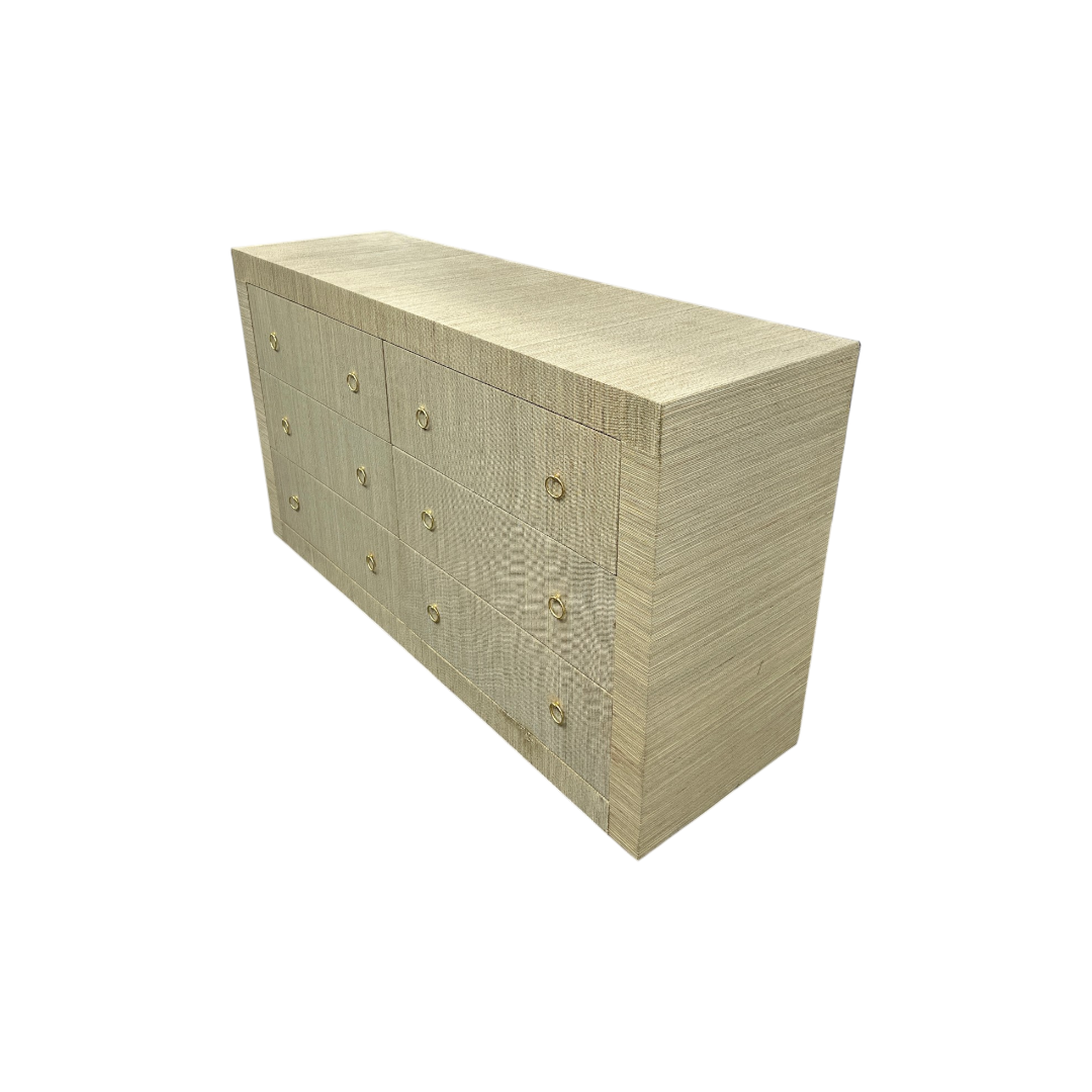 Dakota Fields Bali & Pari Sage Natural Grasscloth Dresser - 6-Drawer Bedroom Storage Cabinet With Gold Ring Pulls, Modern Coastal Chest Of Drawers