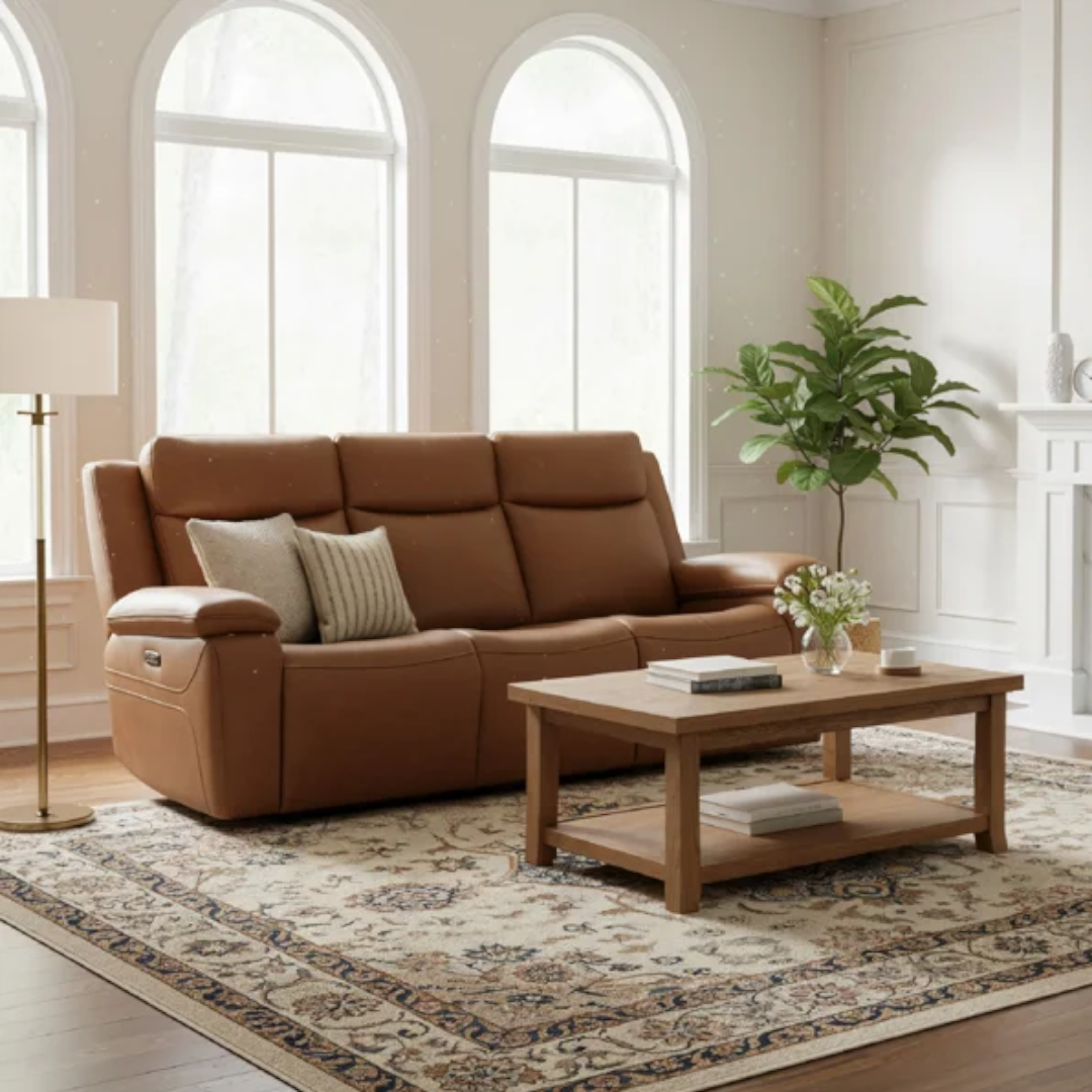 Hokku Designs Kenol 88.2'' Wide Brown Camel Genuine Leather Power Reclining Sofa with Adjustable Headrest