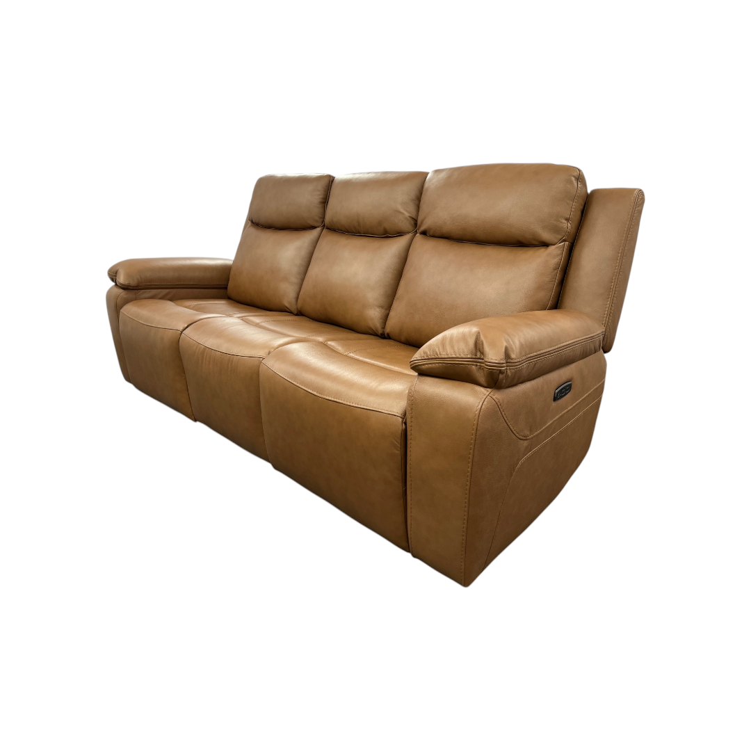 Hokku Designs Kenol 88.2'' Wide Brown Camel Genuine Leather Power Reclining Sofa with Adjustable Headrest