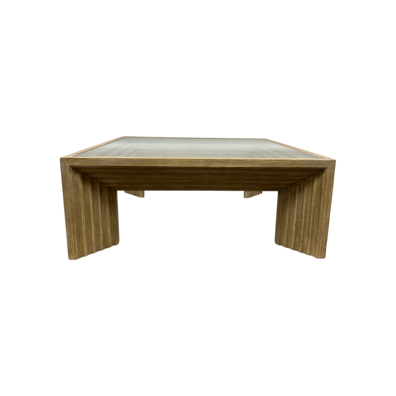 Joss and Main Cleo 46" Pine Wood Coffee Table w/ Glass Top, Light Warm Wash