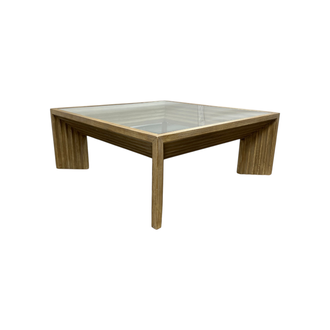 Joss and Main Cleo 46" Pine Wood Coffee Table w/ Glass Top, Light Warm Wash