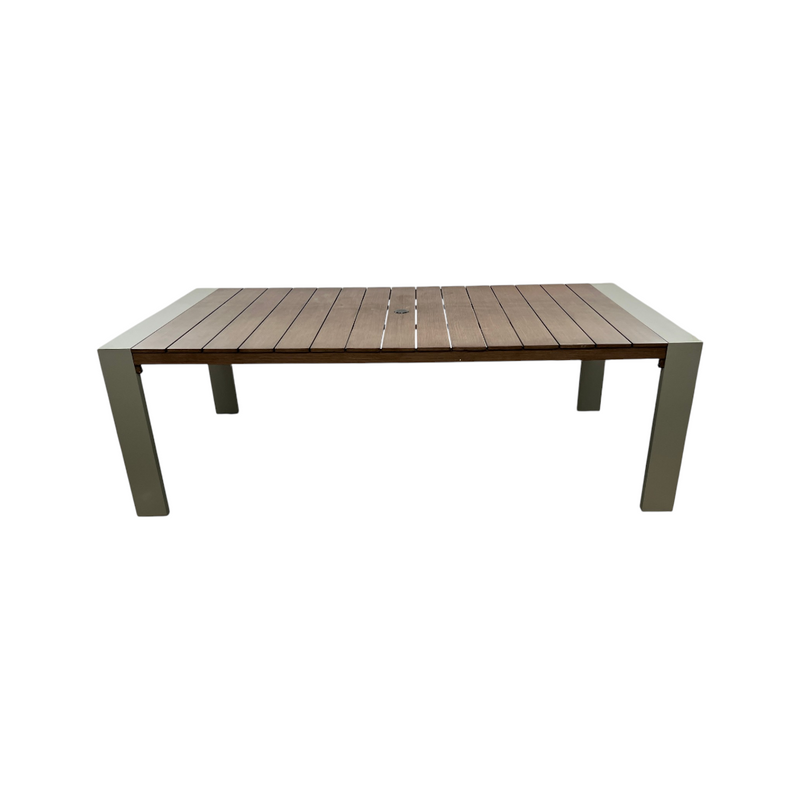 Orren Ellis Sameko Manufactured Wood and Metal Rectangular Outdoor Dining Table and Umbrella