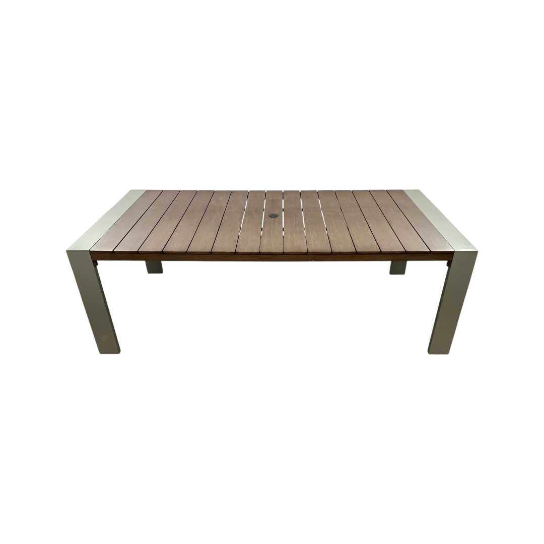 Orren Ellis Sameko Manufactured Wood and Metal Rectangular Outdoor Dining Table and Umbrella