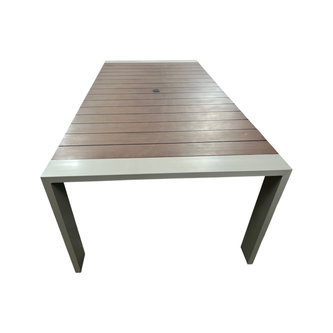 Orren Ellis Sameko Manufactured Wood and Metal Rectangular Outdoor Dining Table and Umbrella