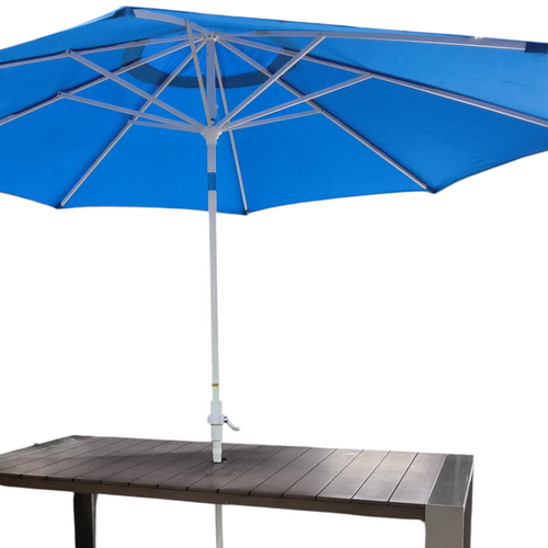 Orren Ellis Sameko Manufactured Wood and Metal Rectangular Outdoor Dining Table and Umbrella, image 9