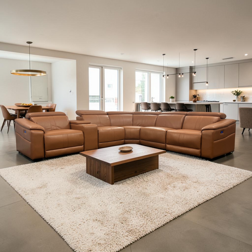 Latitude Run 6-Piece Premium Breathing Leather Power Reclining Theater Sectional With Cup Holder, Wireless Charger And Led Lighting, image 1