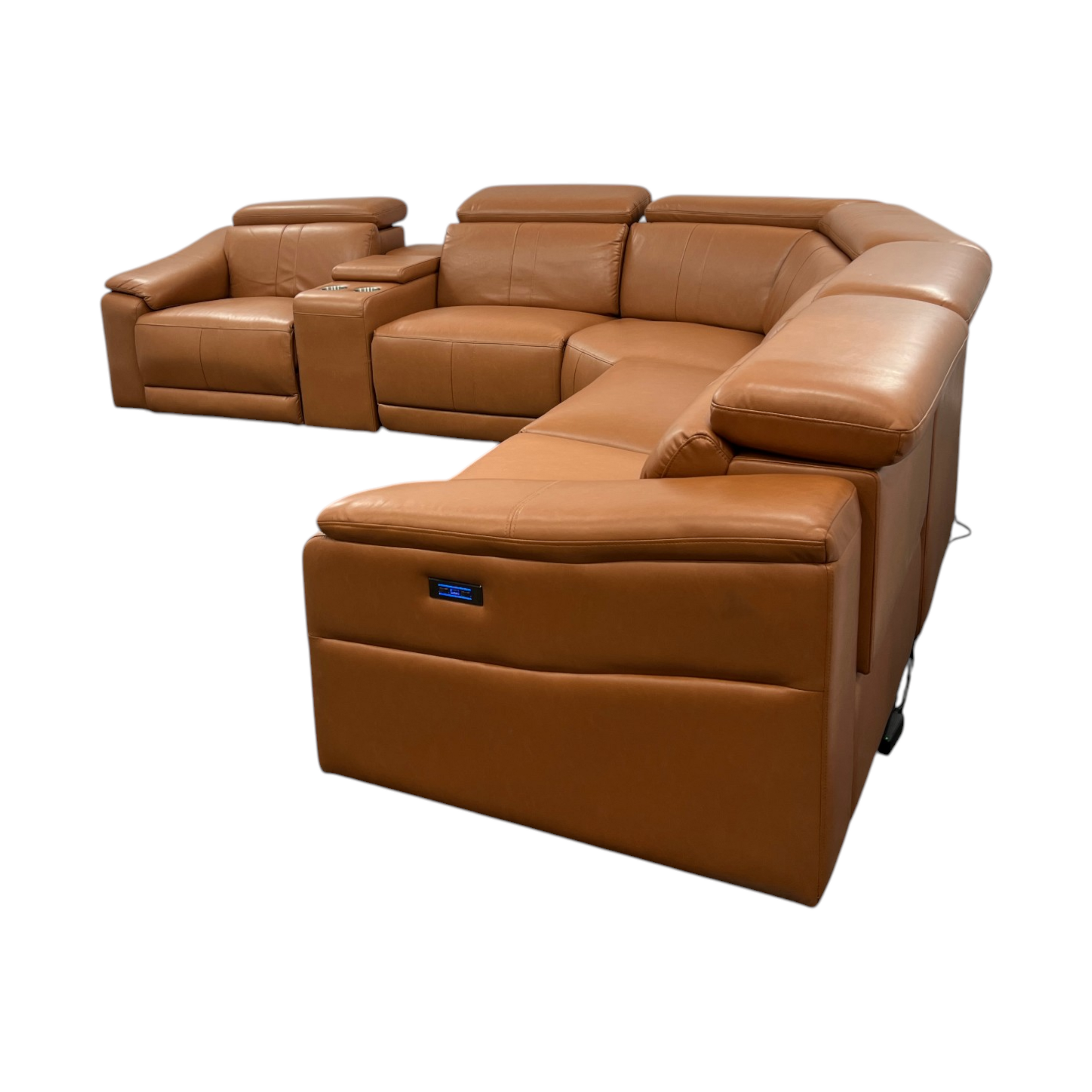 Latitude Run 6-Piece Premium Breathing Leather Power Reclining Theater Sectional With Cup Holder, Wireless Charger And Led Lighting