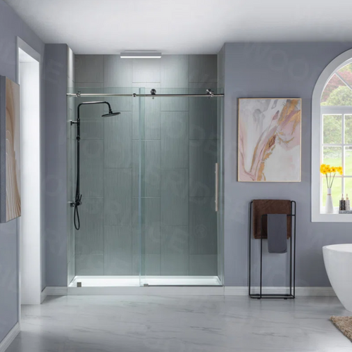 WoodBridge Vital 56"–60" W x 76" H Single Sliding Frameless Shower Door | 3/8" (10mm) Thick Tempered Glass | Stainless Steel Hardware | Safe & Shatter-Resistant MBSDC6076, image 2