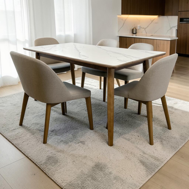 Corrigan Studio White+Burlywood Rectangular Stone+Solid Wood Butterfly Leaf Dining Table