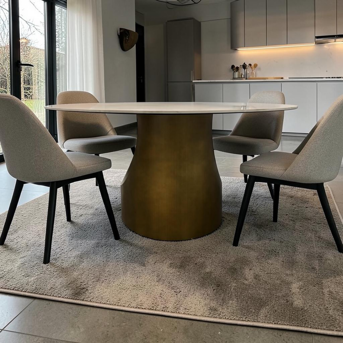 POVISON Modern Sintered Stone Round Dining Table with U-shaped Leg, Seats 4 to 6, Kitchen Table for Living Room