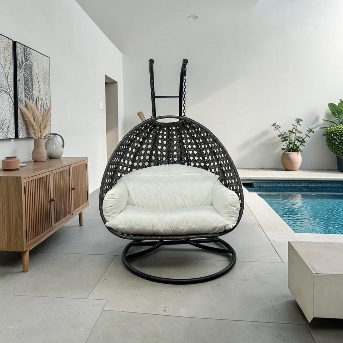 Dakota Fields Mendoza 2-Person Wicker Outdoor Egg Chair with Stand & Cushions – UV-Resistant Double Hanging Swing Chair for Patio & Garden