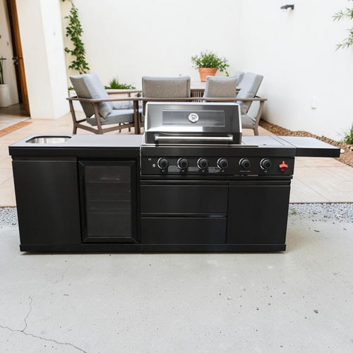VESTIVIUM 2-Piece Modular Outdoor Kitchen Island Set – Premium Black Stainless Steel Design With 4-Burner Grill, Infrared Rotisserie Burner & Side Burner, Built-In Sink & Refrigerator, Black Galaxy Granite Top, image 1