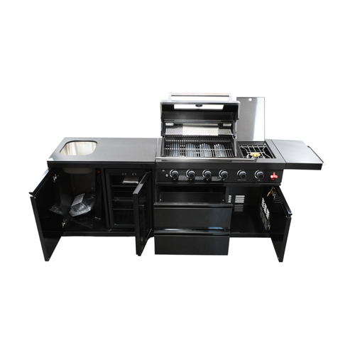 VESTIVIUM 2-Piece Modular Outdoor Kitchen Island Set – Premium Black Stainless Steel Design With 4-Burner Grill, Infrared Rotisserie Burner & Side Burner, Built-In Sink & Refrigerator, Black Galaxy Granite Top, image 7