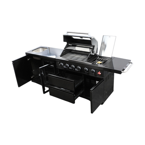 VESTIVIUM 2-Piece Modular Outdoor Kitchen Island Set – Premium Black Stainless Steel Design With 4-Burner Grill, Infrared Rotisserie Burner & Side Burner, Built-In Sink & Refrigerator, Black Galaxy Granite Top, image 8
