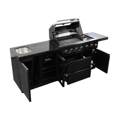 VESTIVIUM 2-Piece Modular Outdoor Kitchen Island Set – Premium Black Stainless Steel Design With 4-Burner Grill, Infrared Rotisserie Burner & Side Burner, Built-In Sink & Refrigerator, Black Galaxy Granite Top, image 9
